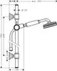 AXOR Brauseset mit Handbrause, bestehend aus einer Halterung mit einem Schlauch. Es zeigt verschiedene Rohrdurchmesser und Installationsmaße grafisch.